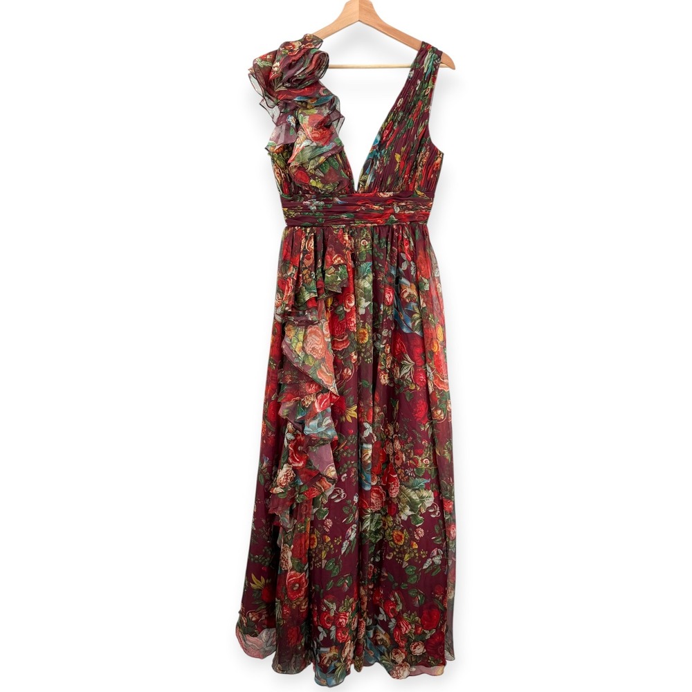 Mac Duggal Wine Sleeveless V-Neck Floral Chiffon Ruffle Ball Gown - Size 6 - Picture 6 of 14